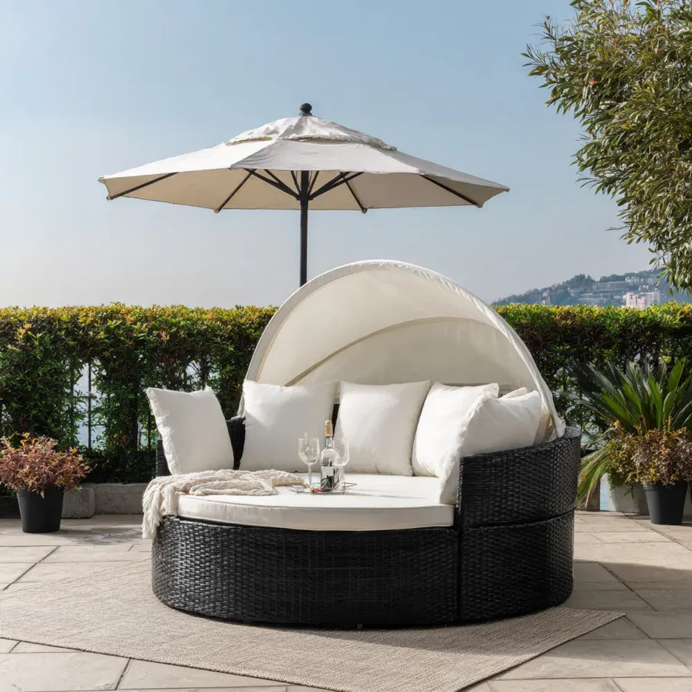 Round Patio Recliner Rattan Daybed with Cushion and Canopy 180cm x 180cm x 150cm - Black/White