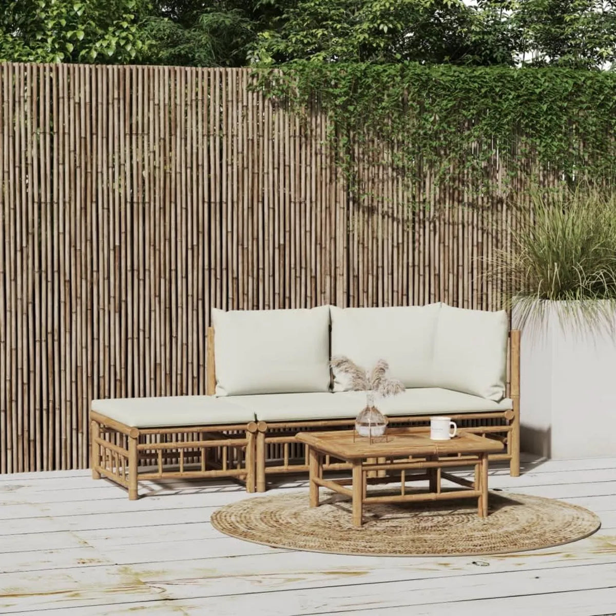 Set da Giardino in Bambù con Cuscini Crema, 3 Pezzi - Elegante Arredo per Terrazza