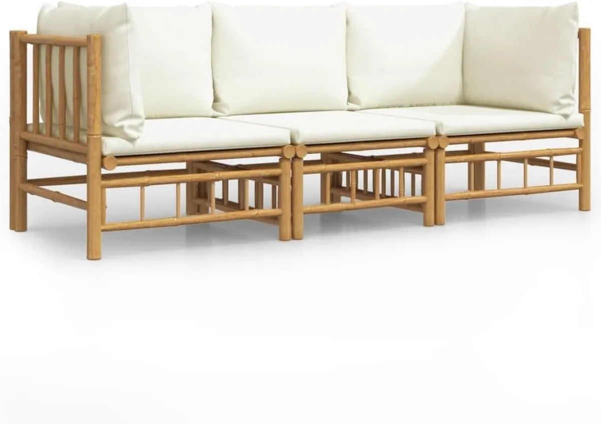 Set Divano Modulabile in Bambù per Esterni con Cuscini Crema