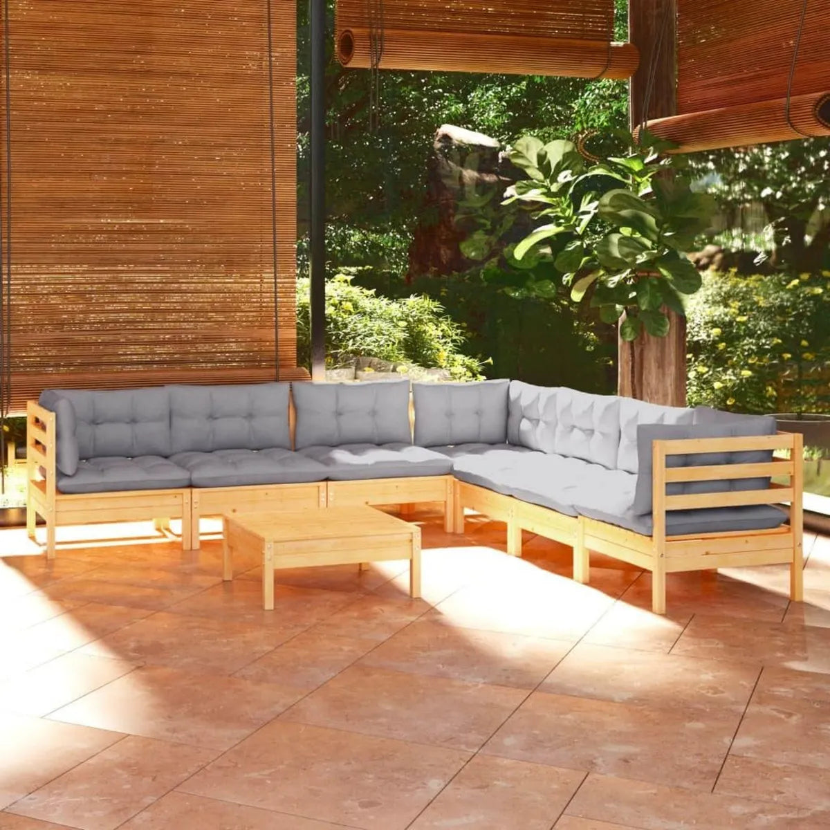 Set salotto da giardino 8 pezzi in legno di pino con cuscini grigi
