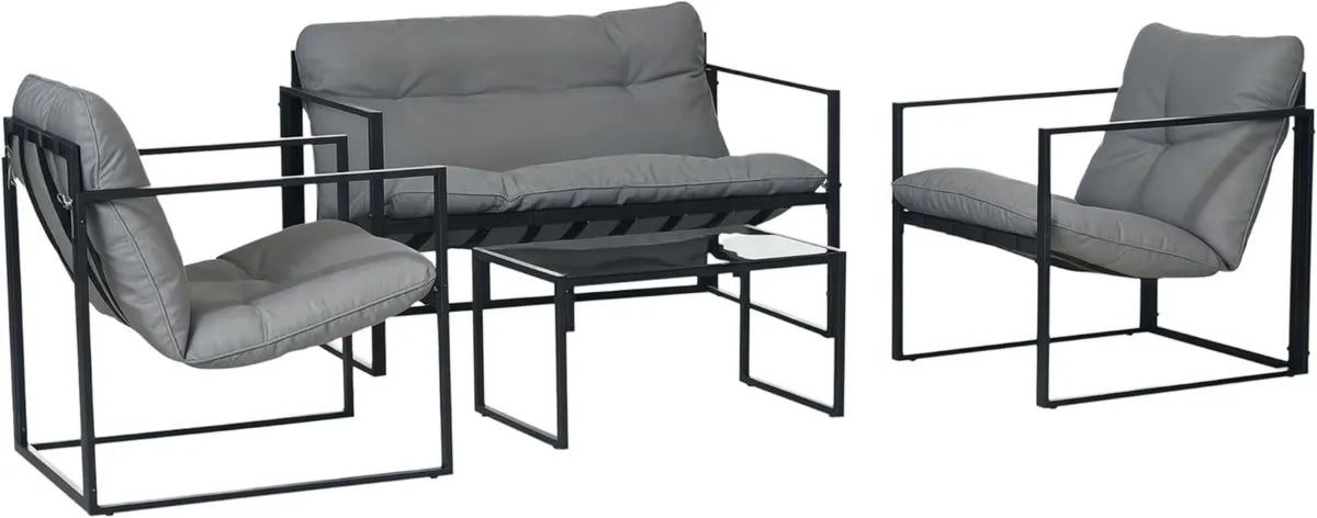 Set Arredo Giardino 4 Pezzi con Divano, Poltrone e Tavolino in Vetro, Struttura Acciaio, Nero e Grigio