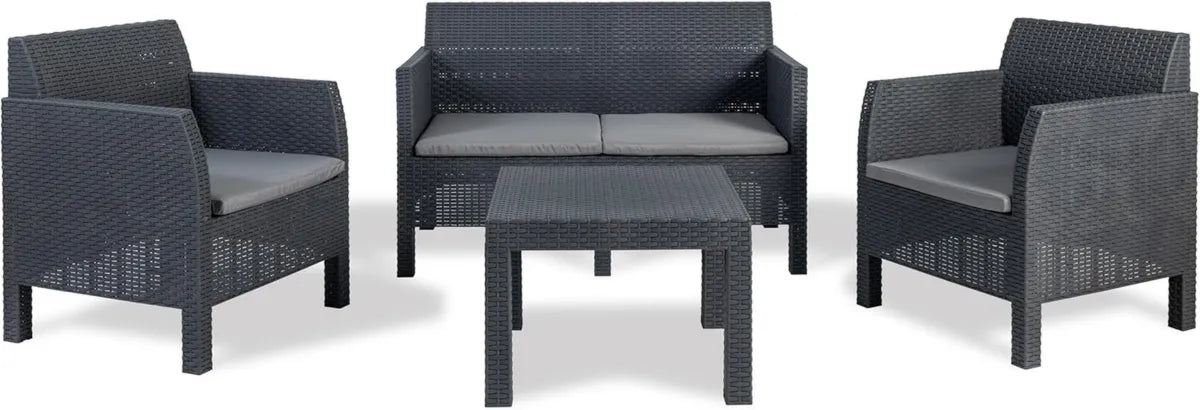 Set Arredo Giardino 4 Posti in Effetto Rattan Antracite, Poltrone Ergonomiche e Tavolo
