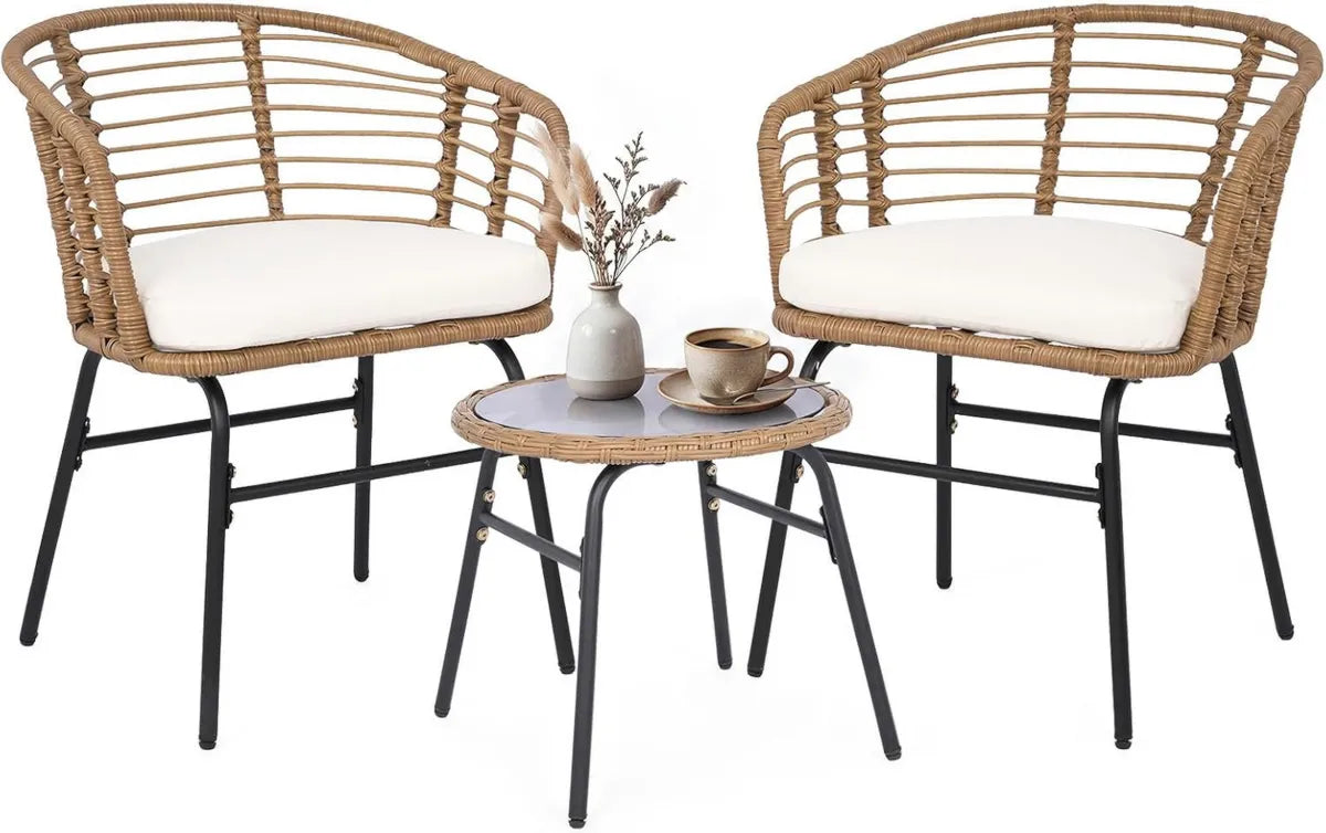 Set da Giardino in Rattan per 2 Persone con Tavolino in Vetro