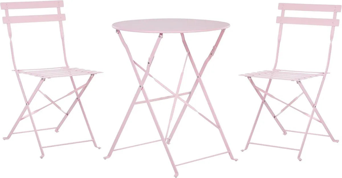 Set Bistro 3 Pezzi con Tavolo e 2 Sedie Pieghevoli in Metallo Rosa