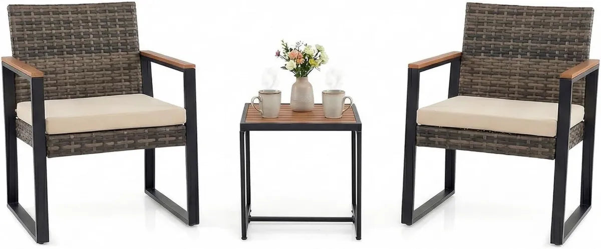 Set Mobili da Giardino in Rattan 3 Pezzi con Tavolino e Poltrone Comode