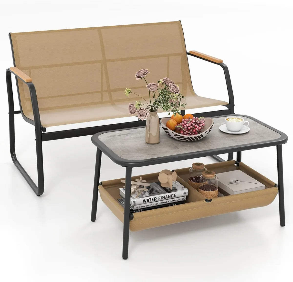 Set da Giardino in Metallo con Tavolo e Panca, Capacità Panche 300 kg, Tavolo 80 kg, per Balcone e Veranda