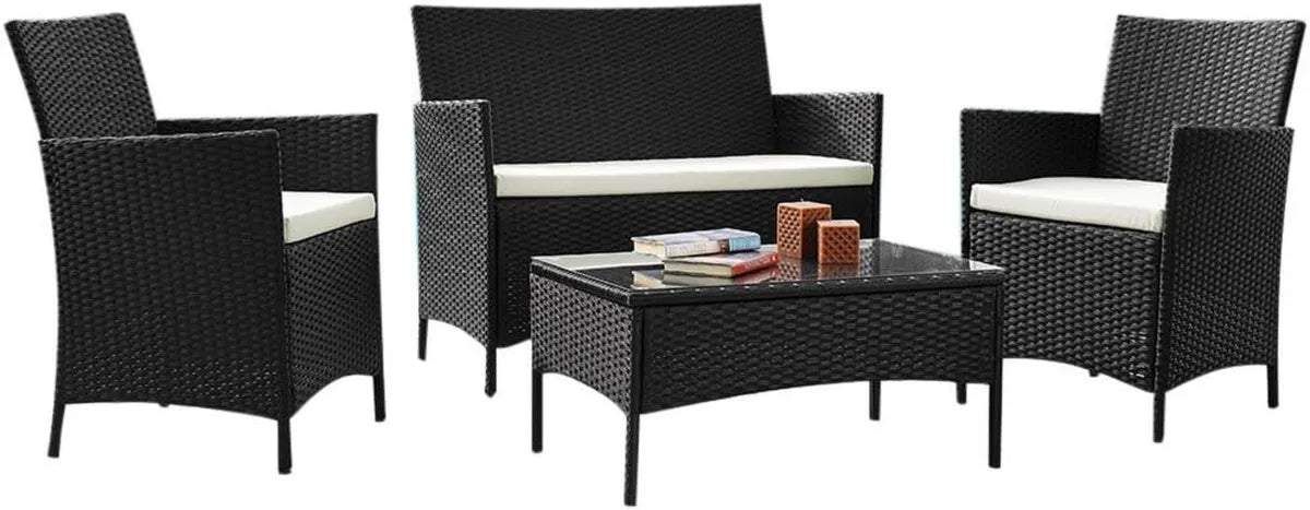 Set Salotto da Giardino in Rattan con Divano, Poltrone e Tavolino, Nero