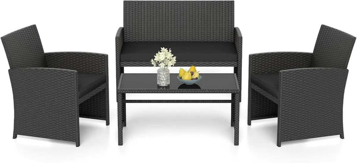 Set Arredamento Giardino 4 Pezzi in Rattan Sintetico, Divano 2 Posti, 2 Poltrone e Tavolino con Vetro, Mobili per Esterno, Nero