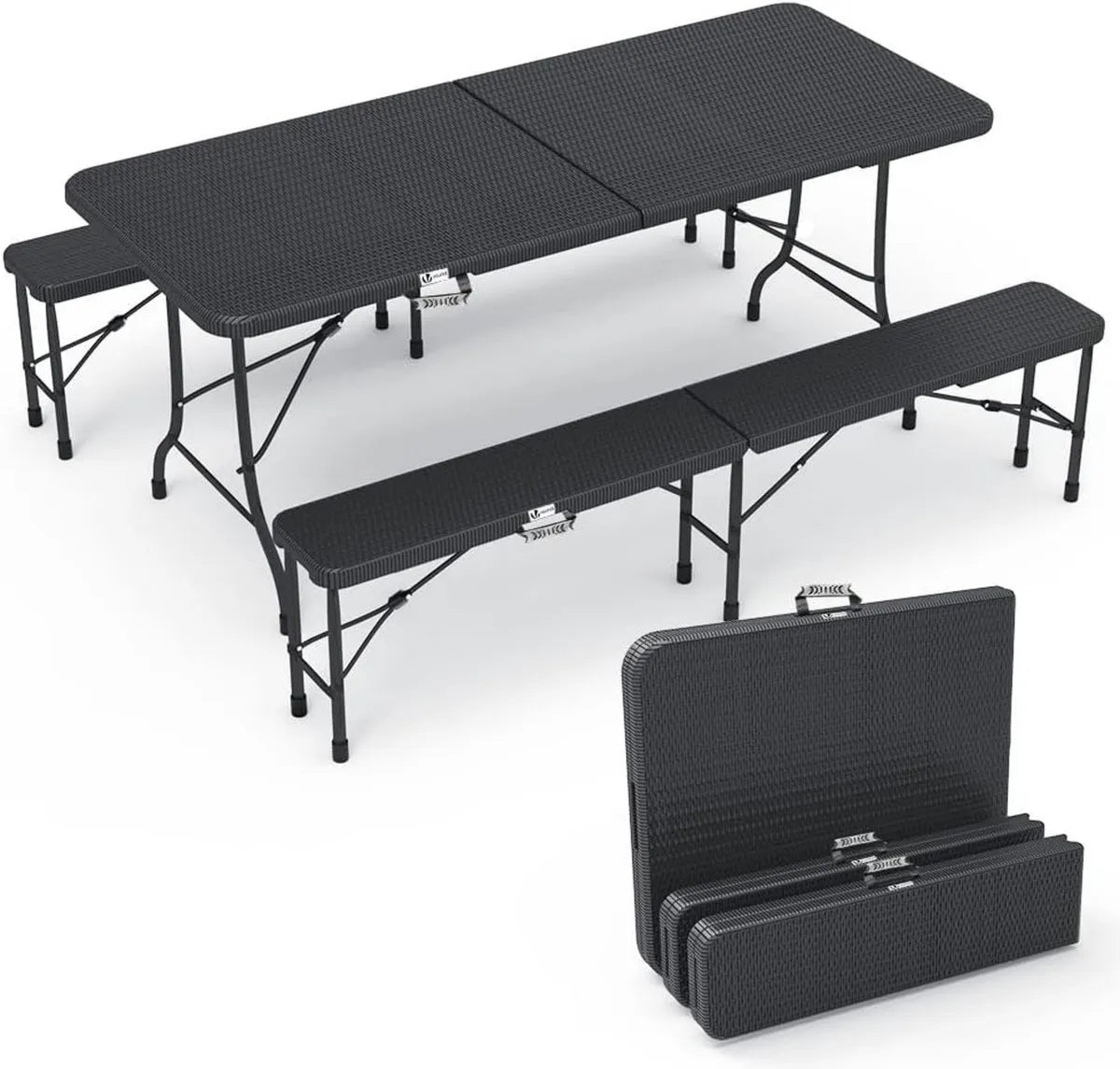 Set da Birreria Pieghevole in Rattan con Tavolo e Panche - 180 cm, Nero