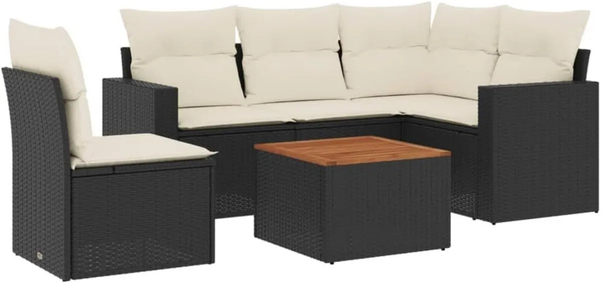 Set Divano da Giardino in Polyrattan Nero con Cuscini, 6 Pezzi