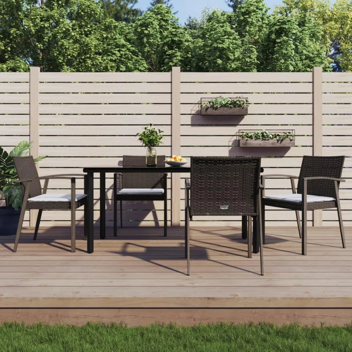 Set di mobili da giardino in rattan e acciaio con cuscini, 5 pezzi, per terrazza e balcone