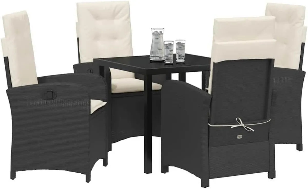 Set Tavolo e Sedie da Giardino in Polyrattan Nero con Cuscini, 5 Pezzi, Design Moderno e Resistente, Schienale Regolabile