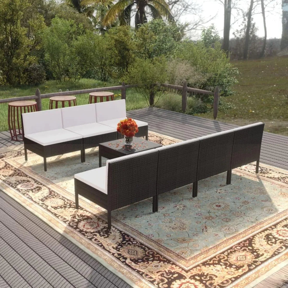 Set da Giardino in Polyrattan Nero 8 Pezzi con Cuscini Resistente alle Intemperie