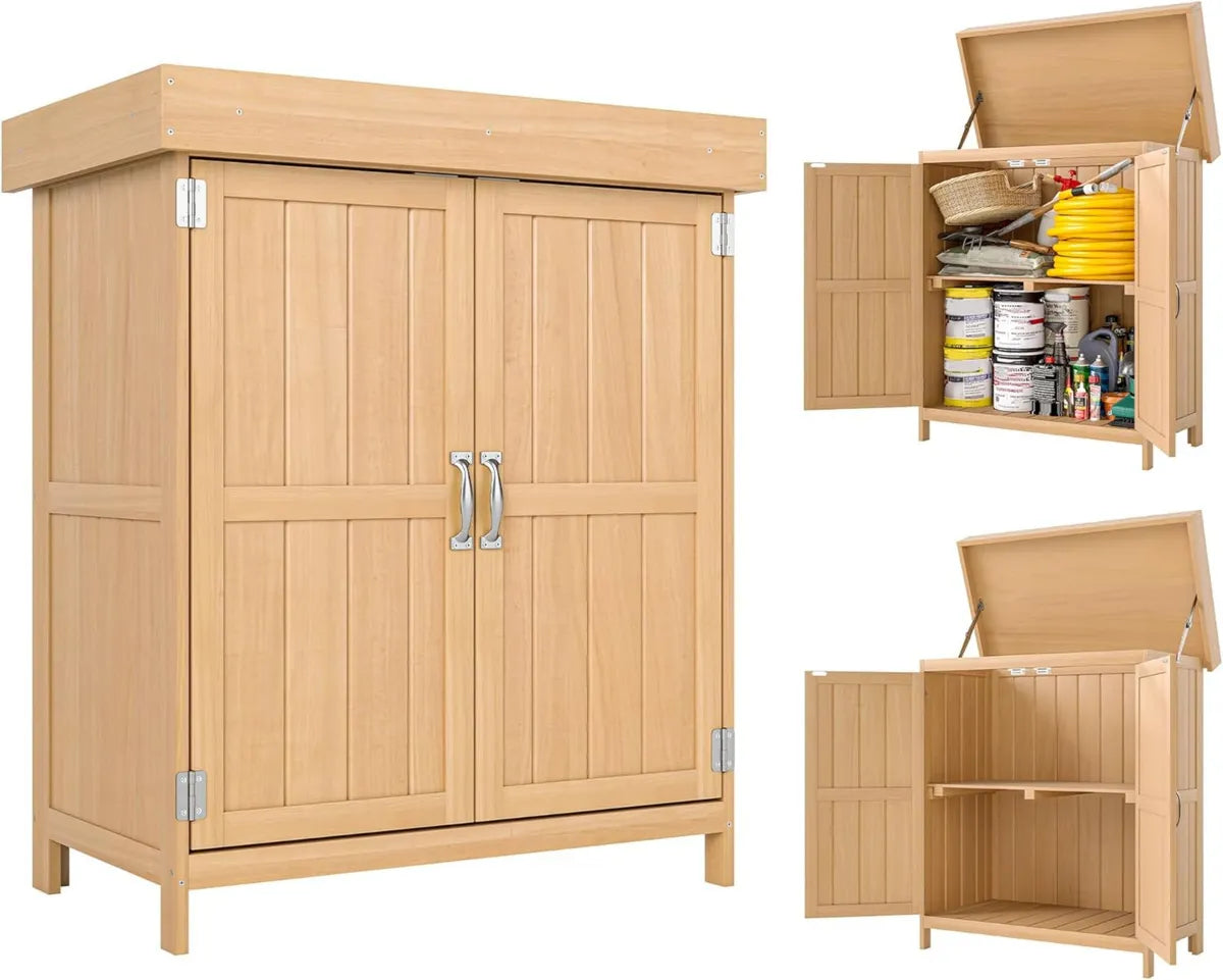 Outsunny Armadio da Giardino in Legno con Doppia Porta, Spazio per Attrezzi, Tetto Sollevabile, 74x43x88 cm