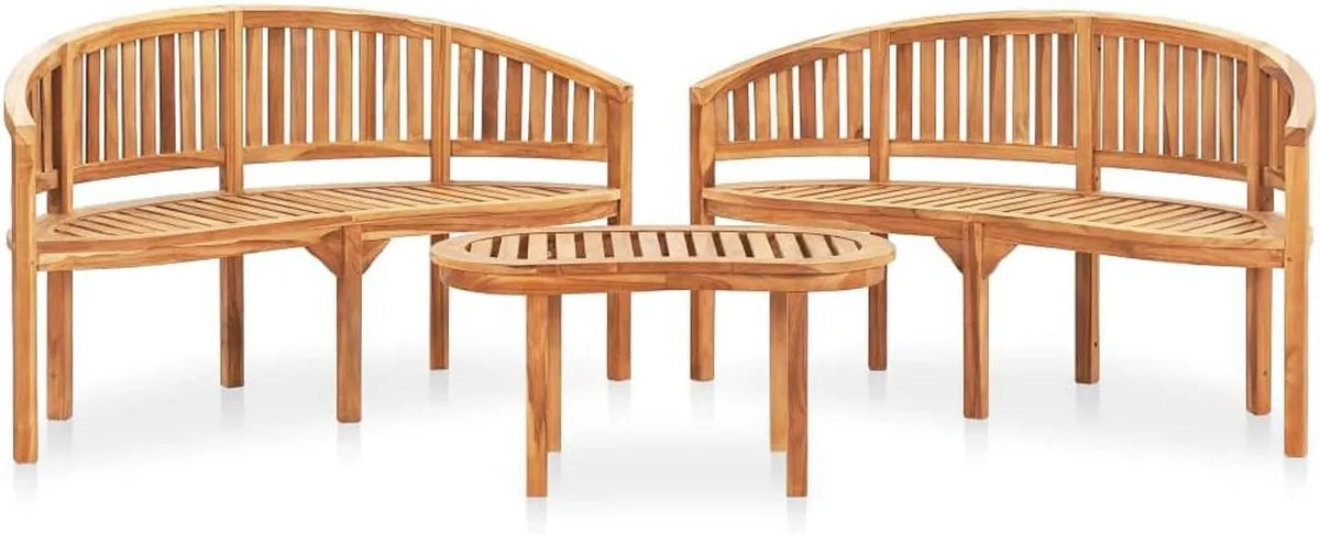 Set da Giardino in Teak con Tavolo e Panca Banana, 3 Pezzi, Portata 110 kg, Arredo Elegante per Esterni