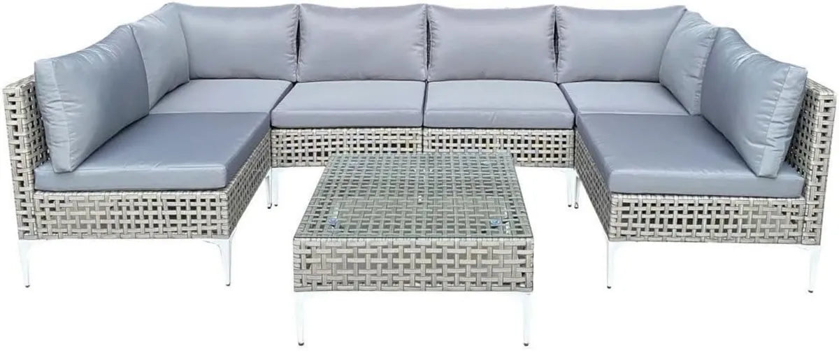 Set di Divani in Rattan da Giardino 7 Pezzi con Tavolo in Vetro e Cuscini Lavabili