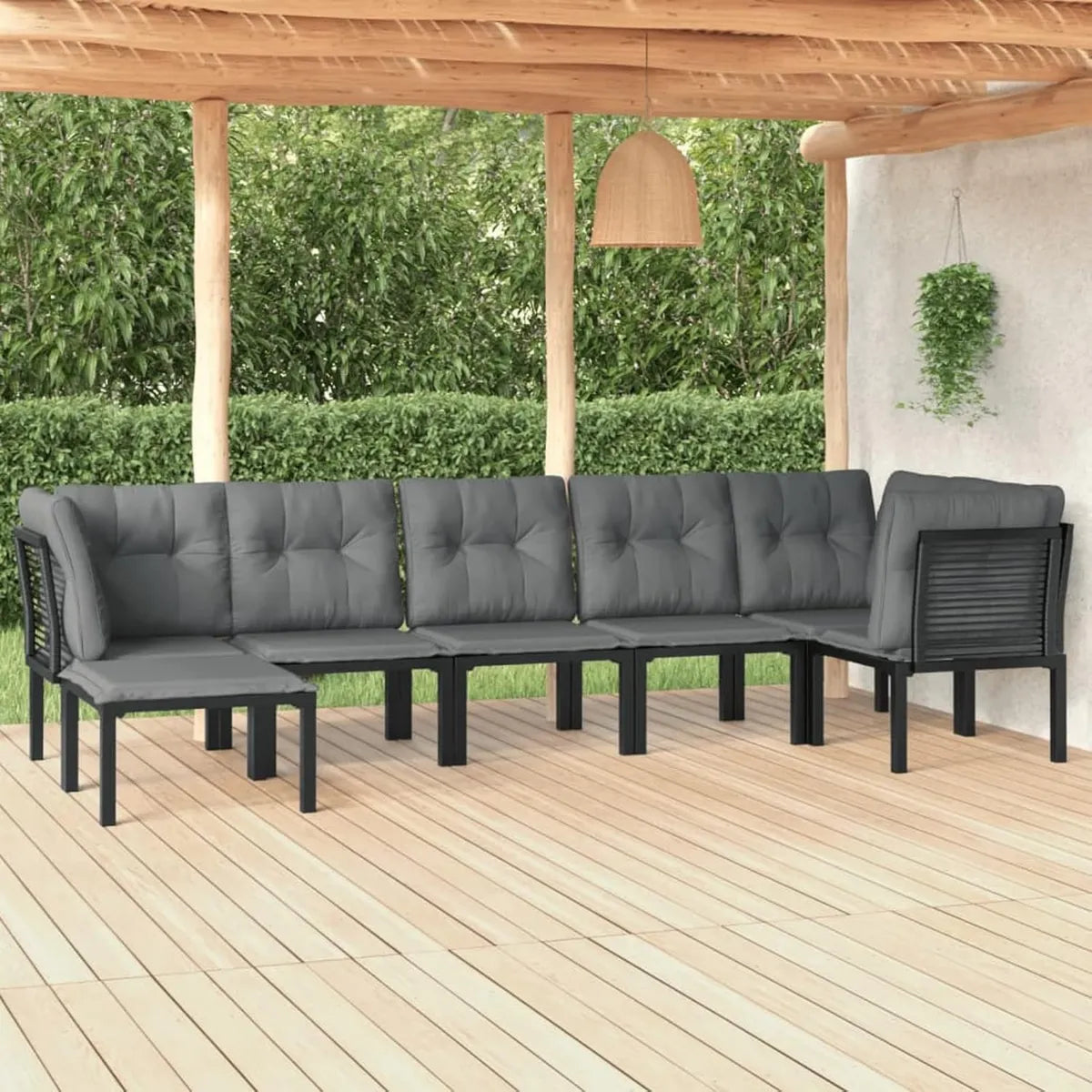 Set da Giardino 7 Pezzi in Polyrattan Nero e Grigio, Divano Letto e Lettini Prendisole per Esterni