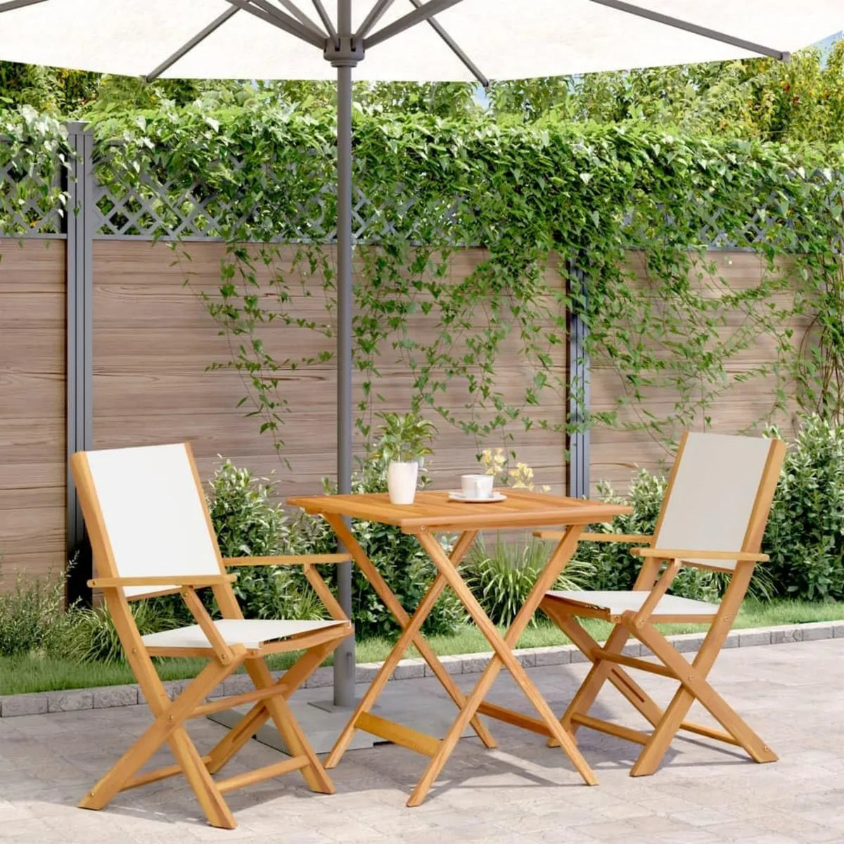 Set Bistrot 3 Pezzi in Legno e Tessuto Bianco Crema, Tavolo Pieghevole per Esterni