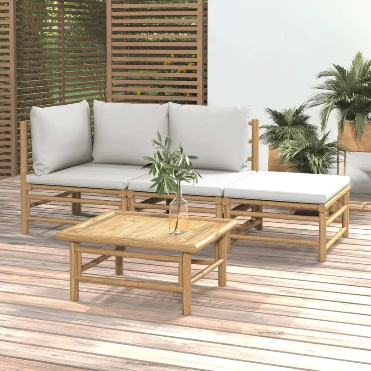 Set Componibile Salotto Giardino 4 Pezzi con Cuscini in Bambù e Grigio Chiaro