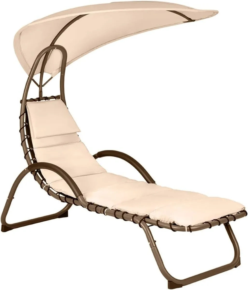 Lettino Prendisole Ergonomico con Cuscino, Tettoia e Telaio in Acciaio per Giardino e Piscina