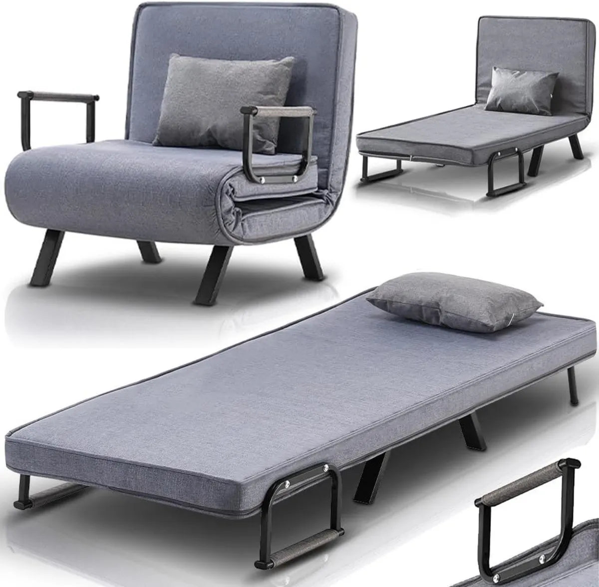 Divano Letto Singolo 3 in 1 Reclinabile, Chaise Longue Convertibile, Poltrona Imbottita con Tessuto Traspirante, Salvaspazio (Grigio)