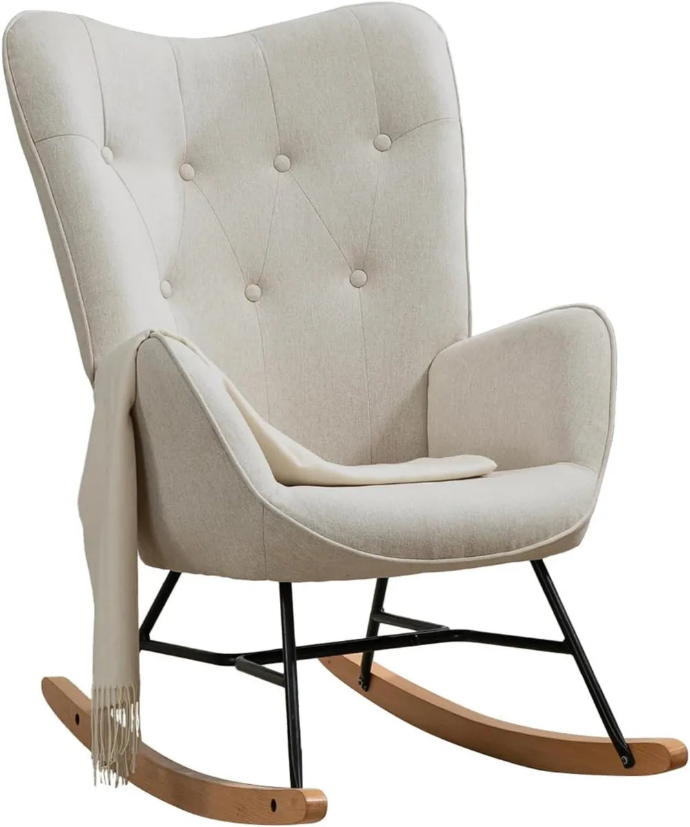 Sedia a Dondolo Imbottita Beige con Struttura in Metallo e Base in Legno per Soggiorno