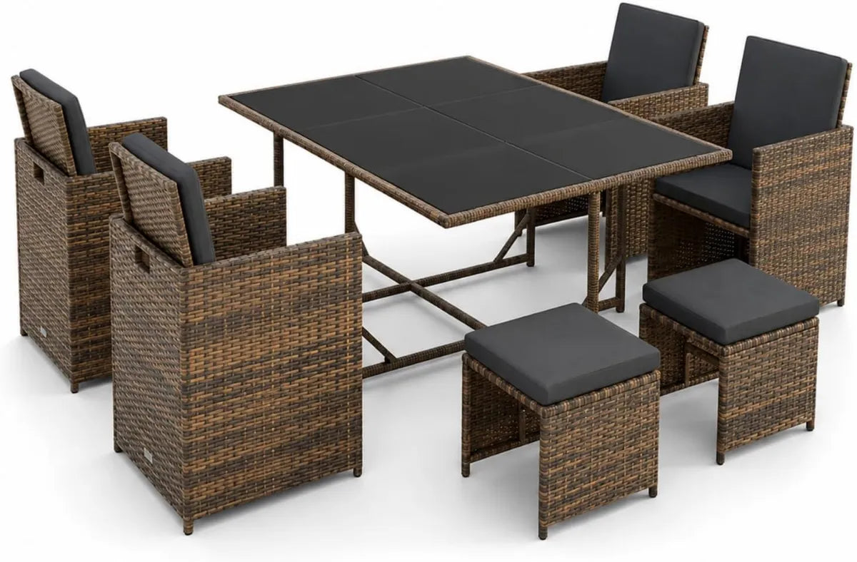 Set da Giardino in Rattan Sintetico con Tavolo, Sedie e Cuscini, Elegante e Compatto