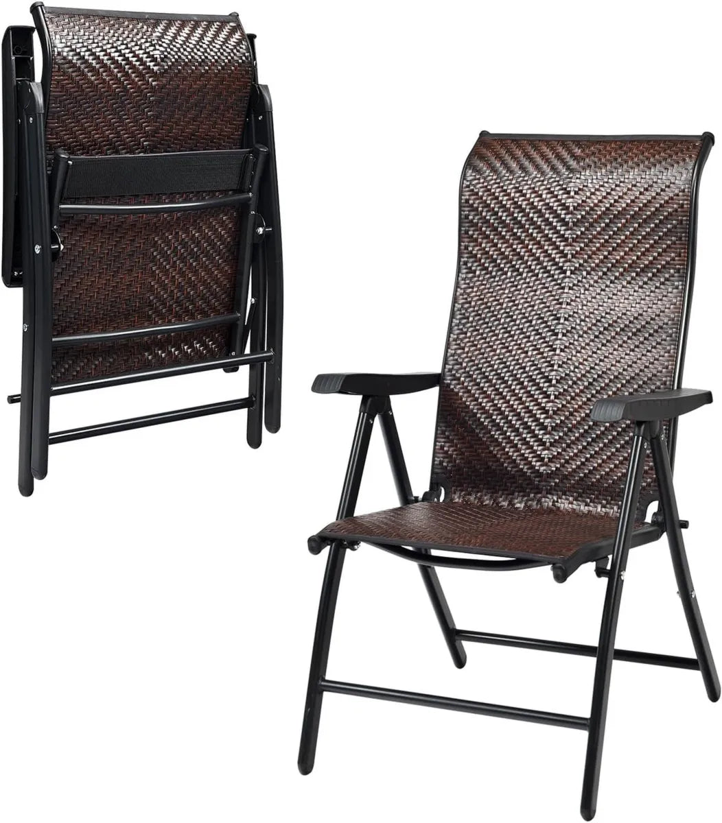 Sedia Pieghevole in Rattan per Giardino e Balcone, Schienale Reclinabile, Telaio in Metallo, Portata 120 kg