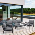Set Salotto Esterno 5 Posti in Alluminio con Cuscini Neri e Design a Doghe