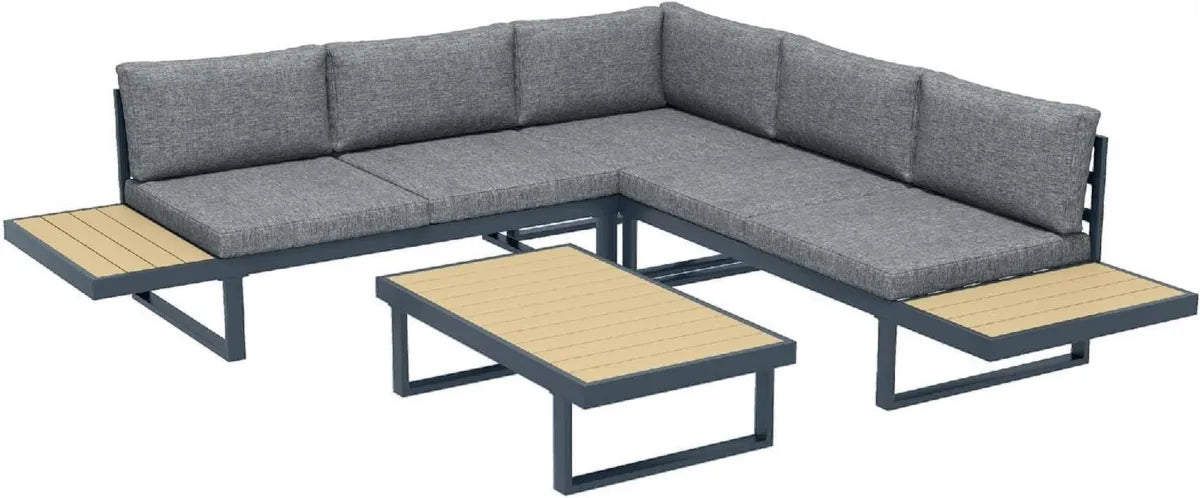 Set Arredo da Giardino in Alluminio e Teak con Divano Angolare e Tavolino