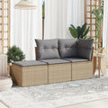 Set Divano da Giardino in Polyrattan Beige con Cuscini, 3 Pezzi