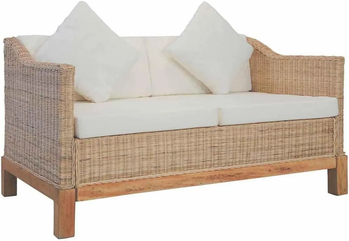 Divano in Rattan Naturale 2 Posti con Cuscini Sfoderabili, Telaio Mango