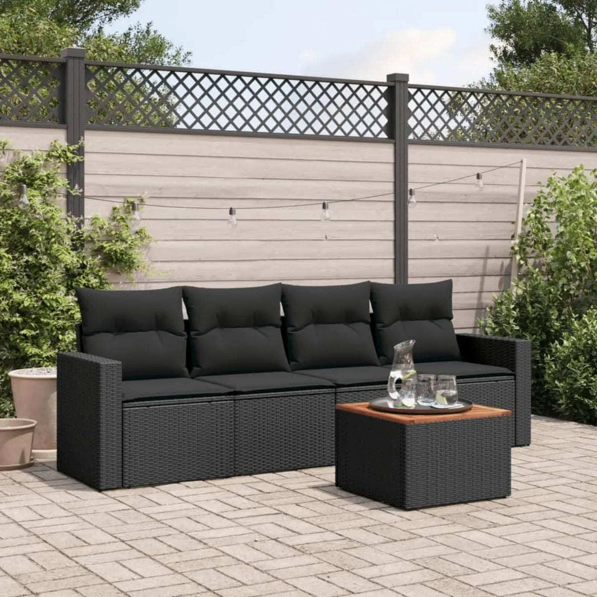 Set da Giardino in Rattan Nero 5 Pezzi con Cuscini Comodi