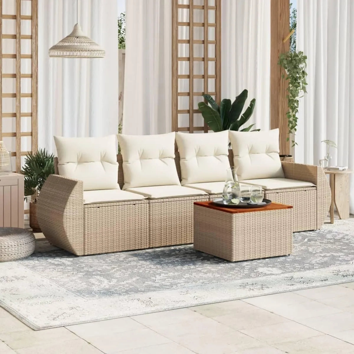 Set Salotto da Giardino 5 Pezzi in Polyrattan Beige con Cuscini, Divano Modulare per Esterni