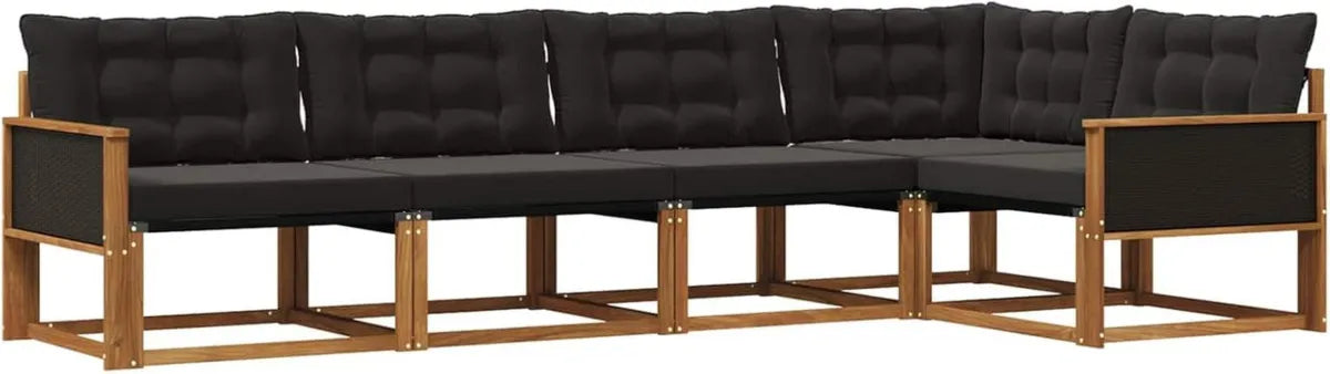 Set Divani da Giardino in Rattan con Cuscini, 5 Pezzi, Design Moderno Nero e Naturale