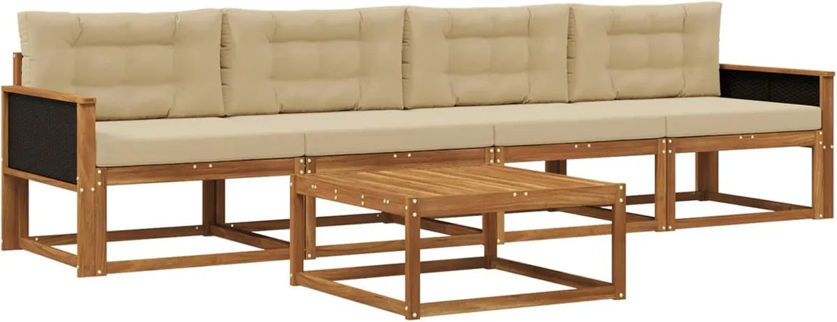 Set Divano da Giardino in Rattan con Cuscini, 5 Pezzi, Naturale e Beige, Arredo Moderno da Esterno