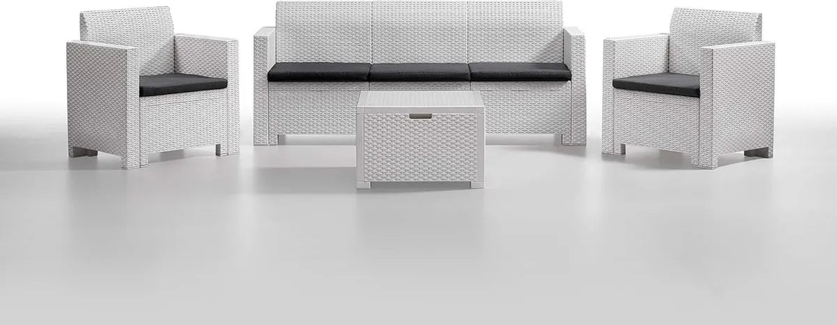 Set Salotto Nebraska in Polipropilene Bianco con Divano, Poltrone e Tavolino, 338x155x79 cm