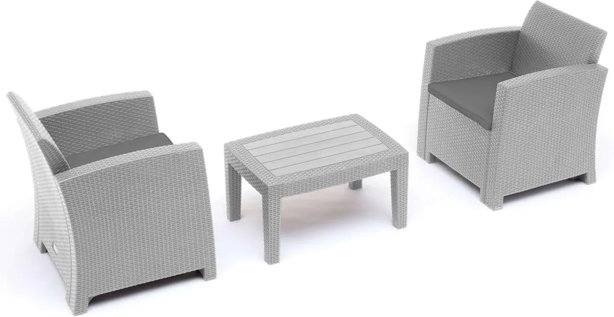 Set Salotto da Esterno in Resina con 2 Poltrone e Tavolino, Colore Grigio Chiaro