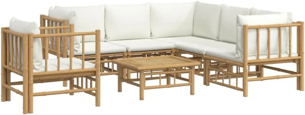 Set Divano da Giardino 7 Pezzi con Cuscini Crema in Bambù