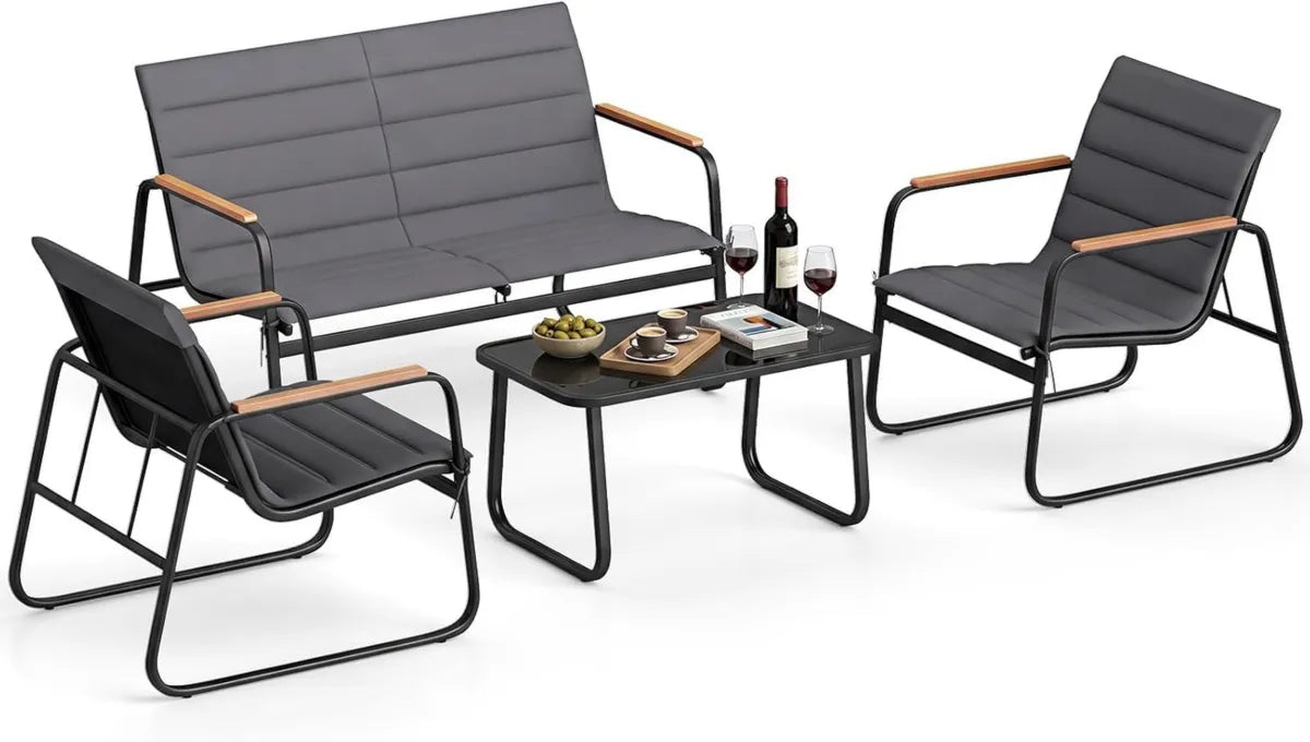 Set da Giardino 4 Pezzi in Metallo con Cuscini e Tavolo in Vetro Temperato