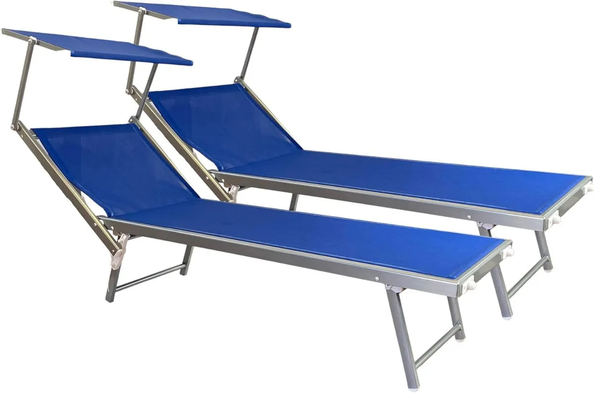 Set di 2 Lettini Prendisole in Alluminio, Sdraio Pieghevoli Blu con Schienale Regolabile per Giardino e Spiaggia