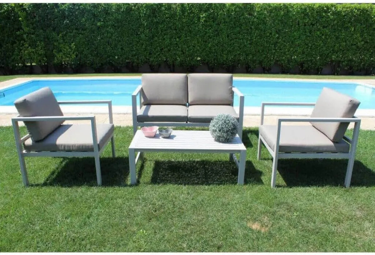 Set Salotto da Giardino in Alluminio con Divano, Poltrone e Tavolino, Cuscini Inclusi Tortora