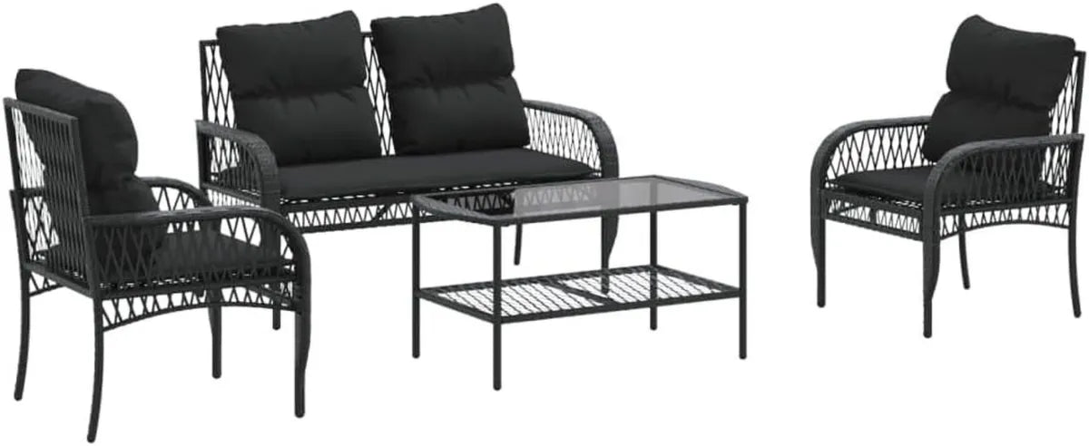 Set Divani da Giardino in Polyrattan Nero con Cuscini - 4 Pezzi