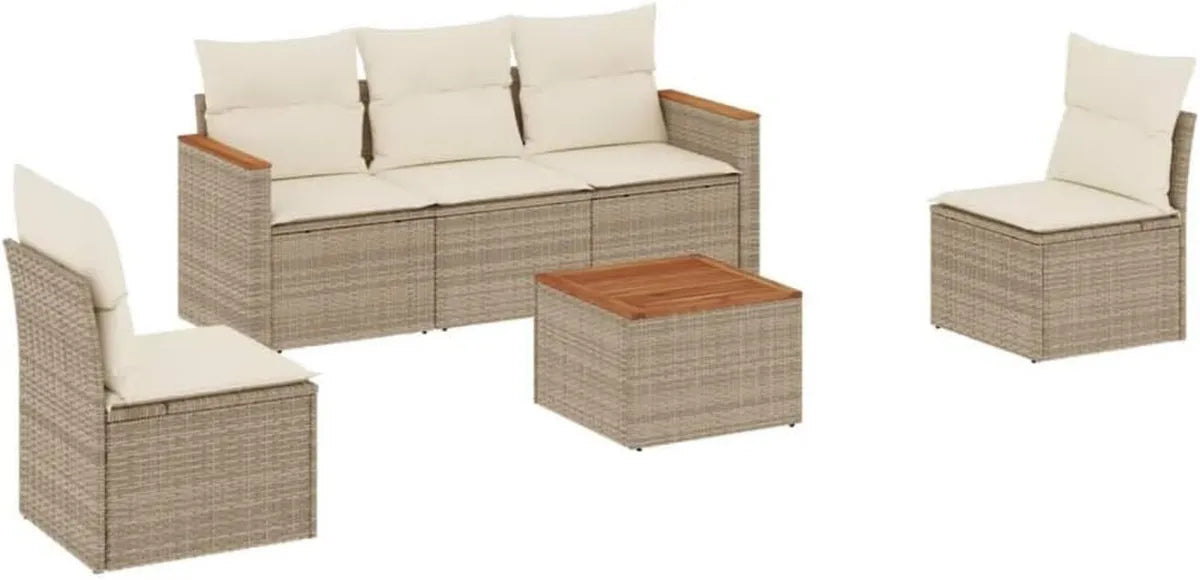 Set salotto giardino 6 pezzi in polyrattan con cuscini beige