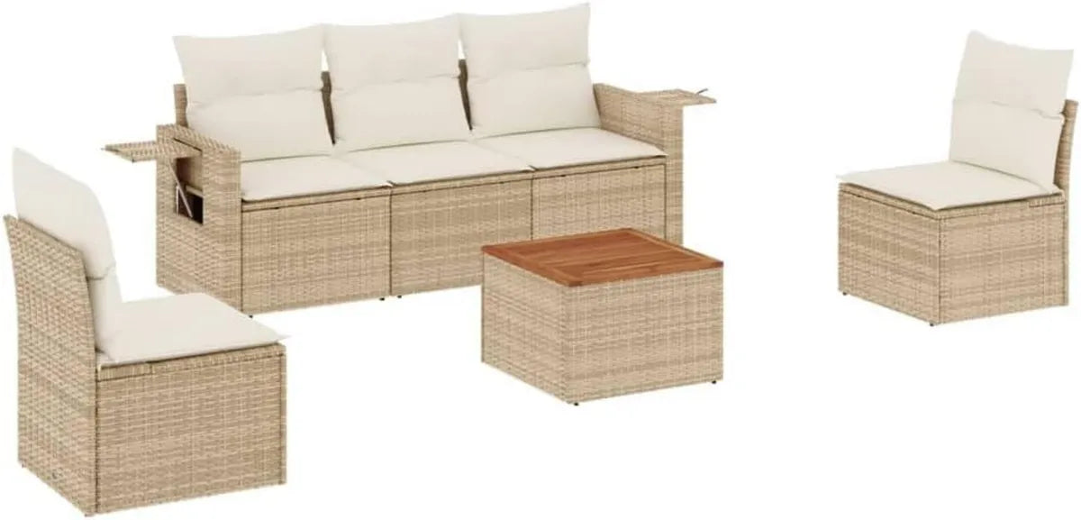 Set da Giardino in Polyrattan Beige 6 Pezzi con Cuscini