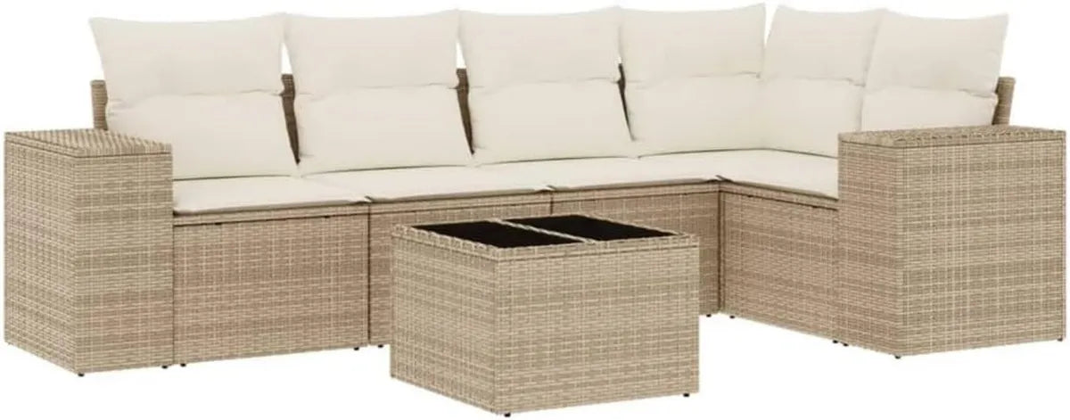Set Divano da Giardino Modulare in Rattan Beige con Tavolo in Vetro e Contenitore, Federe Rimovibili, 6 Pezzi