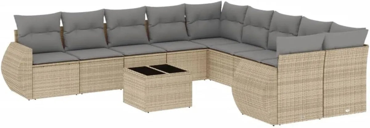 Divano modulare da giardino in rattan sintetico beige con cuscini, spazio contenitore e tavolino in vetro - Set 11 pezzi