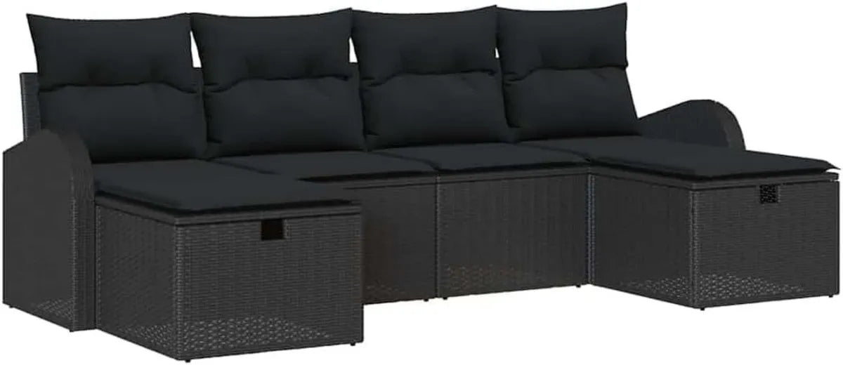 Set Divani da Giardino 6 Pezzi in Polyrattan Nero con Cuscini