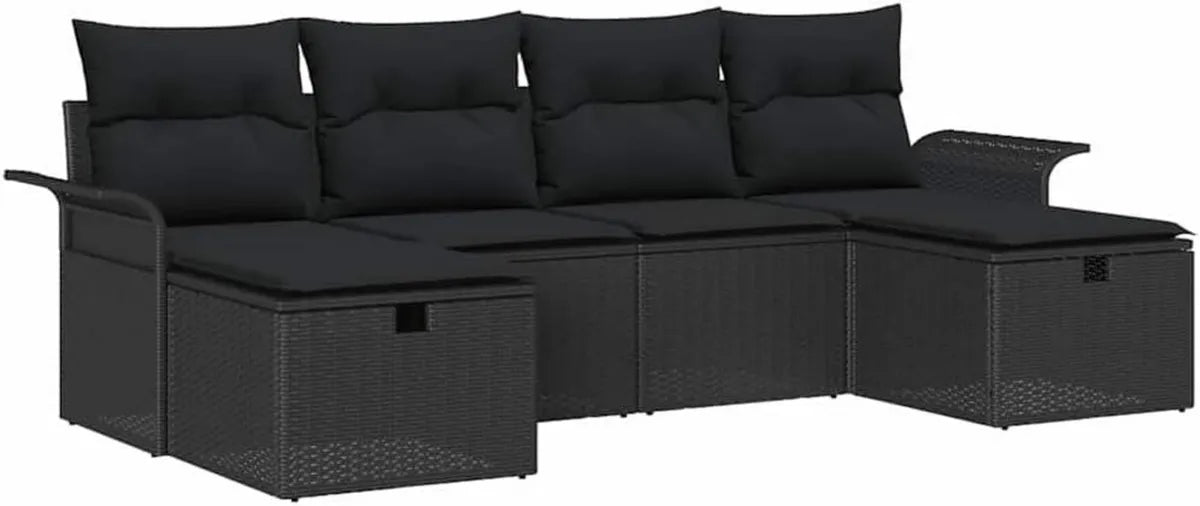 Set Divano da Giardino in Polyrattan Nero con Cuscini, 6 Pezzi, Modulare e Resistente agli UV