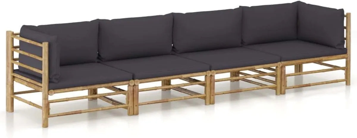 Set da Giardino in Bambù, Modulare 4 Pezzi con Cuscini Sfoderabili Grigio Scuro